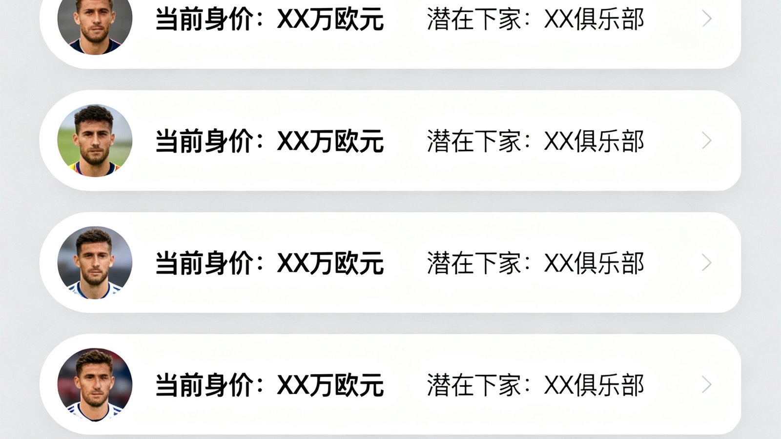 转会新闻列表界面展示多条球员转会传闻，每条包含球员头像、当前身价和潜在下家信息